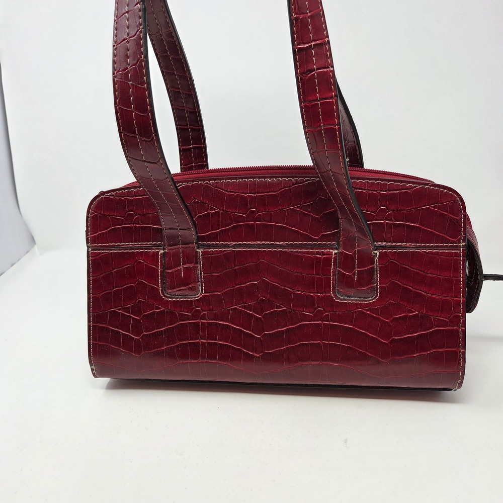 Crazy Horse Liz Claiborne Burgundy Croc Embossed Triple Compartment Shoulder Bag - Picture 4 of 11